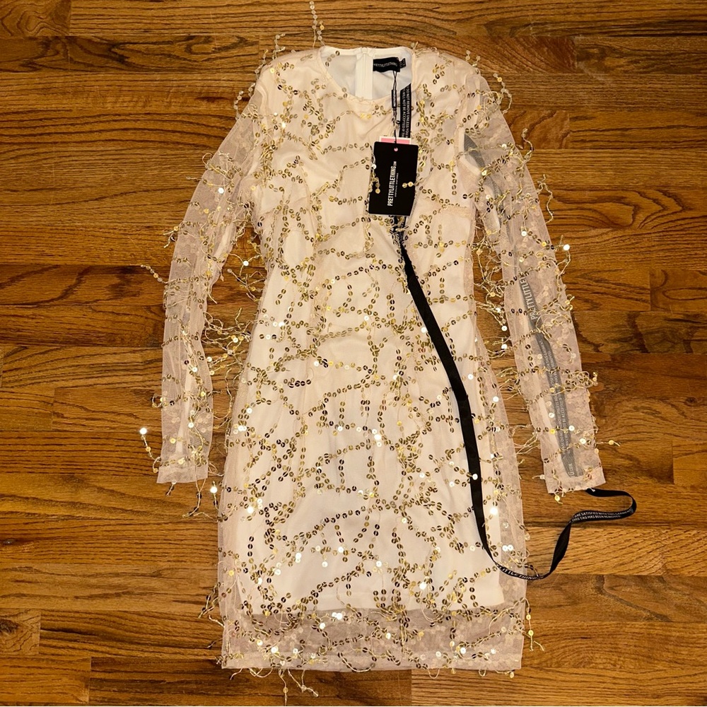 NWT Pretty Little Thing Sz 2 Beaded Sheer Sleeve Party Dress Champagne